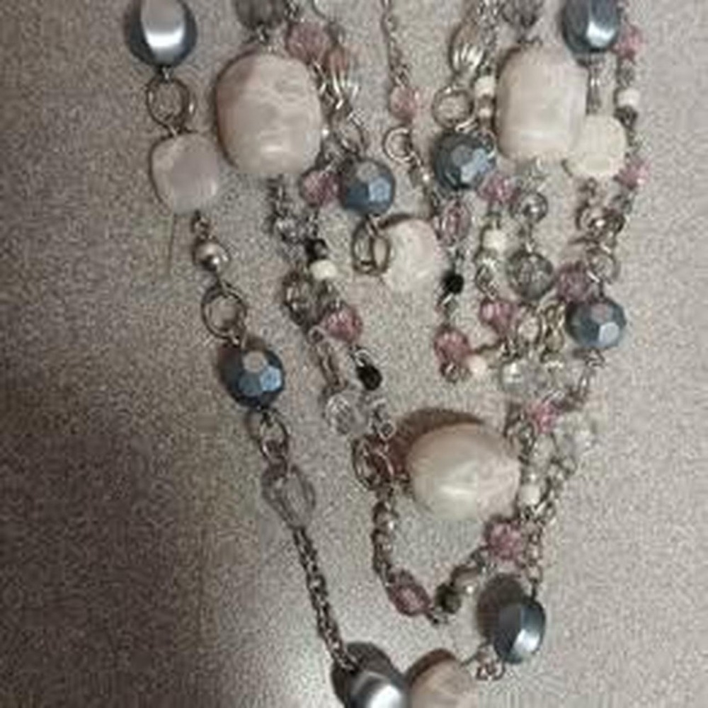 Lia Sophia Multi Strand Necklace Pink Grey Silver Tone Layered Beaded 20"